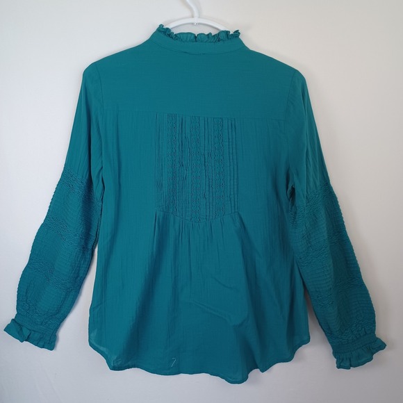Sundance Teal Blue Cotton Pintuck Lace Ruffle Neck Blouse Small - Picture 3 of 10